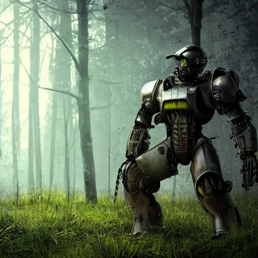 Image similar to T-45 power armor stands against the background of a radioactive forest, graphics, fallout 4 render, 3d computer render, maximum details, rain, night, spotlight,