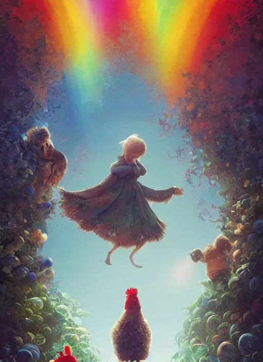 Image similar to a hen and her two chicks walking over a rainbow movie by nuri iyem, james gurney, james jean, greg rutkowski, anato finnstark. pixar. hyper detailed, 5 0 mm, award winning photography, perfect faces