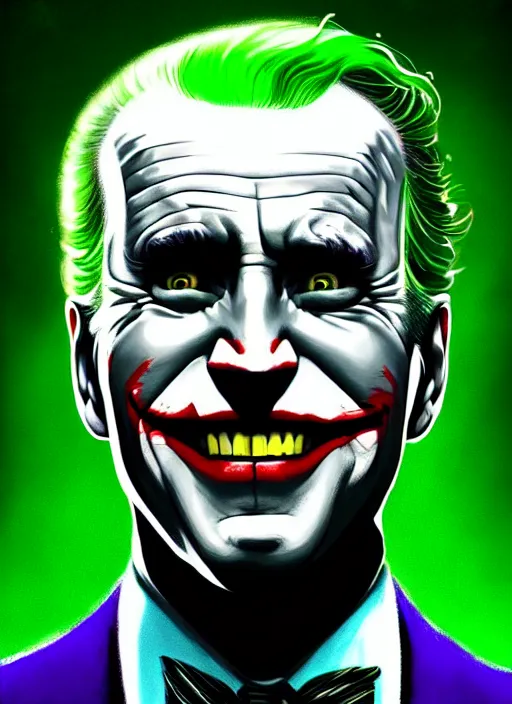 Image similar to portrait of joe biden as the joker, green hair, intricate, elegant, glowing lights, highly detailed, digital painting, artstation, concept art, sharp focus, illustration, art by wlop, mars ravelo and greg rutkowski