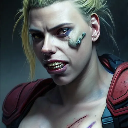 Prompt: portrait painting of a cyberpunk orc doctor extremely muscular ugly scarlett johansson with misshapen teeth, ultra realistic, concept art, intricate details, eerie, highly detailed, photorealistic, octane render, 8 k, unreal engine. art by artgerm and greg rutkowski and charlie bowater and magali villeneuve and alphonse mucha