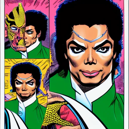 Image similar to dynamic macro head portrait of beautifu michael jackson super hero in white sequined jacket by john romita sr and cory walker and ryan ottley and jack kirby and barry windsor - smith, comic, illustration, photo real