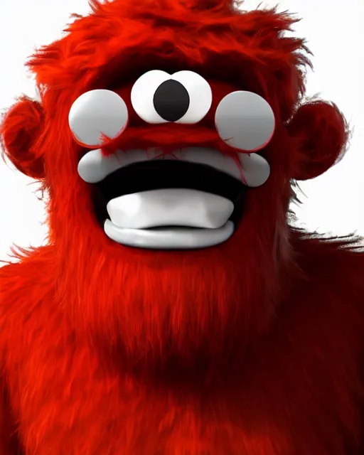 Image similar to 3 d render of completely red hairy friendly monster smiling wearing chrome shades, full body, simple, cute, cartoony, white background, unreal engine 5 hdr