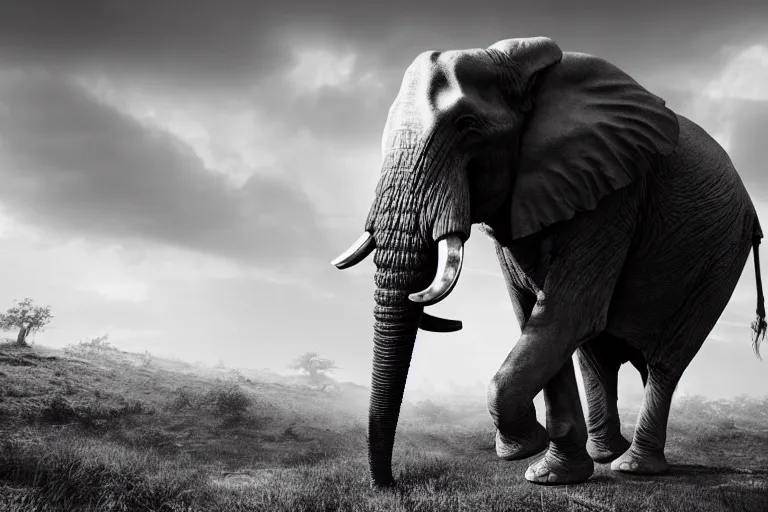 Prompt: still photo of 1 8 th century war elephant looking at the camera in a battlefield, black and white color aesthetic, highly detailed, photorealistic portrait, bright studio setting, studio lighting, crisp quality and light reflections, unreal engine 5 quality render