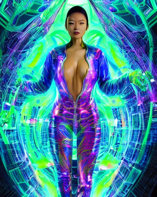 Image similar to a powerful energy psychedelic matrix asian woman, by alexander fedosav, hyper detailed digital matte painting, concept art, hyperrealism, 1 6 k resolution, cinema 4 d, 8 k resolution, trending on artstation, behance hd, a masterpiece, by stephan martiniere, particles, cel - shaded, power bright neon energy, by david a. hardy
