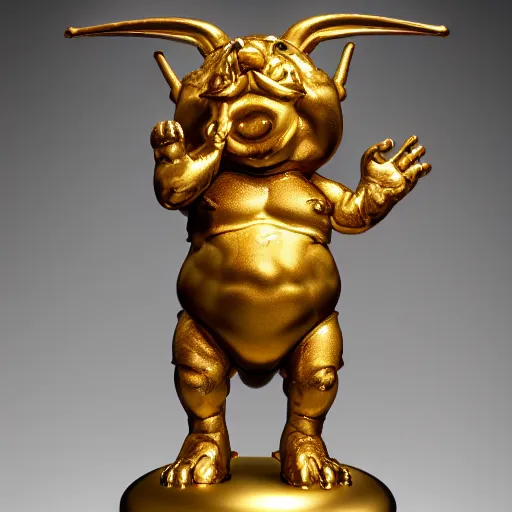 Image similar to a happy cute chubby Lucky Golden Goblin statue,chubby lucky god, bright art masterpiece artstation. hyper details, golden smooth material, sculpted by Alex Alice, Craig Mullins, yoji shinkawa, trending on artstation, beautifully lit, Peter mohrbacher, hyper detailed, insane details, intricate, elite, elegant, luxury, glittering light, CGsociety, hypermaximalist, golden ratio, treasure background, volumetric, octane render, weta digital, micro details, 3d sculpture