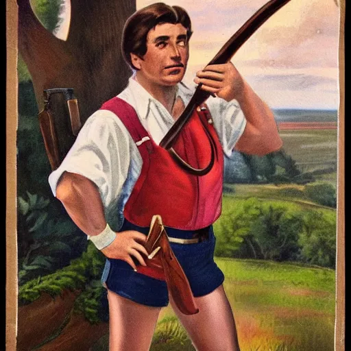 Image similar to an old timey country portrait of nintendo's kirby wearing daisy dukes with a flintlock pistol