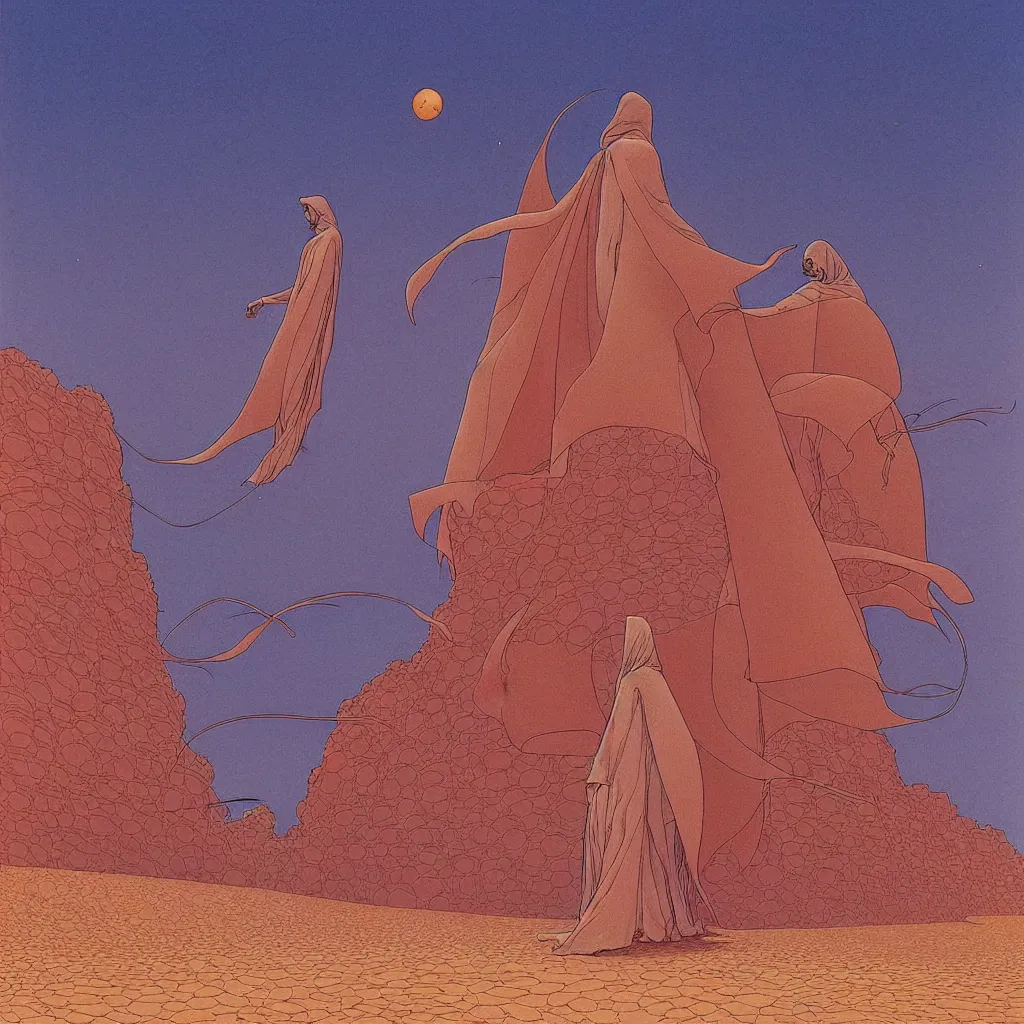 Prompt: centered portrait of illustration, detailed, a person with a cloak walking through the desert supermarket, volumetric, sci fi, space ships in the enviroment, fantasy scheme | coherence | art by jean giraud and moebius