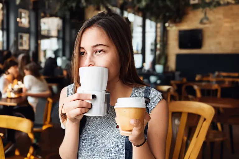 Prompt: girl drinking coffee with pepe the frog in a cafe, studio photo