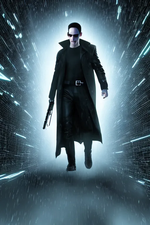 Prompt: a digital photograph of neo as he returns to the matrix to battle the machines, wearing sun glasses and black leather trench coat, extremely detailed, dark lighting, sharp focus, unreal engine, 8 k