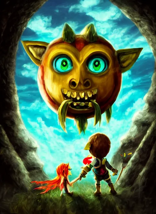 Prompt: realistic,majora\'s mask floating in the air while looking at the viewer maniacally, skull kid, legend of zelda fairy in the background, dramatic lighting, cinematic, film, dynamic pose, movie scene, colorful, dark art, concept art, 8K