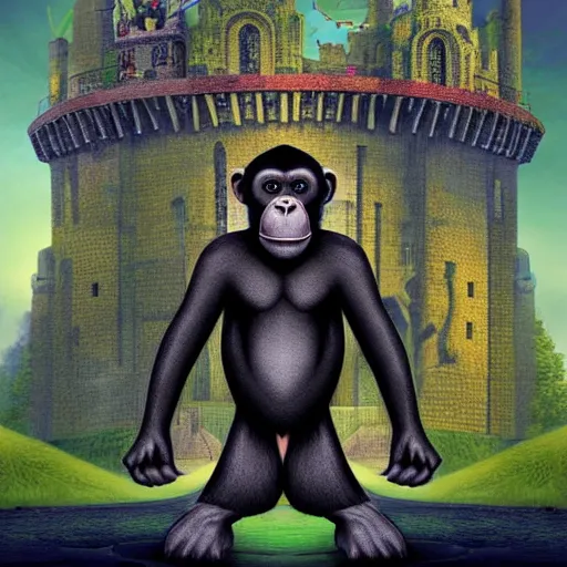 Image similar to A computer art that features a chimpanzee surrounded by a castle turret. The chimp is shown wearing a crown and holding a scepter, and the castle is adorned with banners. biopunk by Eyvind Earle, by Nikolina Petolas kaleidoscopic