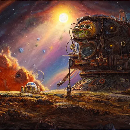 Prompt: astronauts land on ancient post - apocalyptic planet, jim henson creature shop, vivid and colorful, thomas kincaid, cinematic, oil painting, highly detailed, illustration