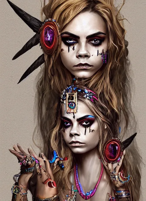 Image similar to cara delevingne as a voodoo priestess, detailed digital art, trending on Artstation