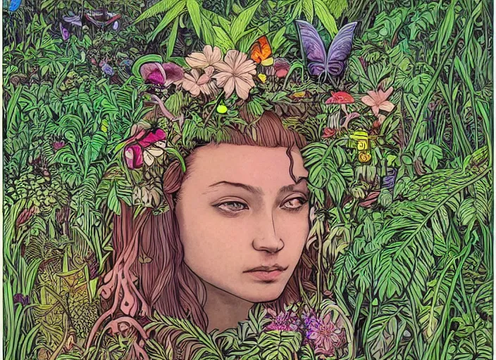 Prompt: surreal line art of beautiful young girl with a lot of jungle flowers and plants, poison toxic mushrooms, long grass, butterflies on its head + mystic fog, no - shadow, 7 0's vintage sci - fi style, by moebius, kim jung gi, hyperrealism, rule of third!!!!, superfine detailed, top view