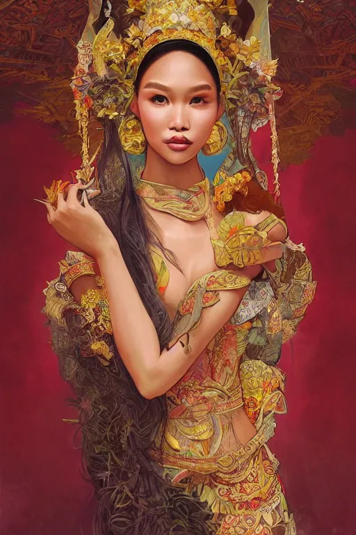 Image similar to portrait of an indonesian supermodels wearing traditional costume, highly detailed, digital painting, artstation, concept art, sharp focus, illustration, art by kittichai rueangchaichan and james gurney and alphonse mucha