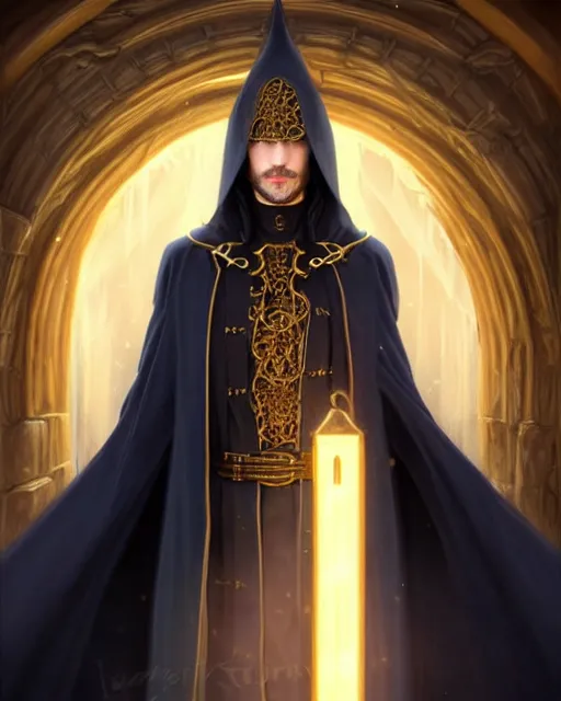 Prompt: handsome mage at the end of time, long black hair blue eyes wearing cloth mantle gothic navy cloak with gold details, castle town, fantasy character portrait, ultra realistic, intricate, elegant, cinematic lighting, highly detailed, digital painting, artstation, smooth, sharp, focus, illustration, art by artgerm and greg rutkowski and alphonse mucha