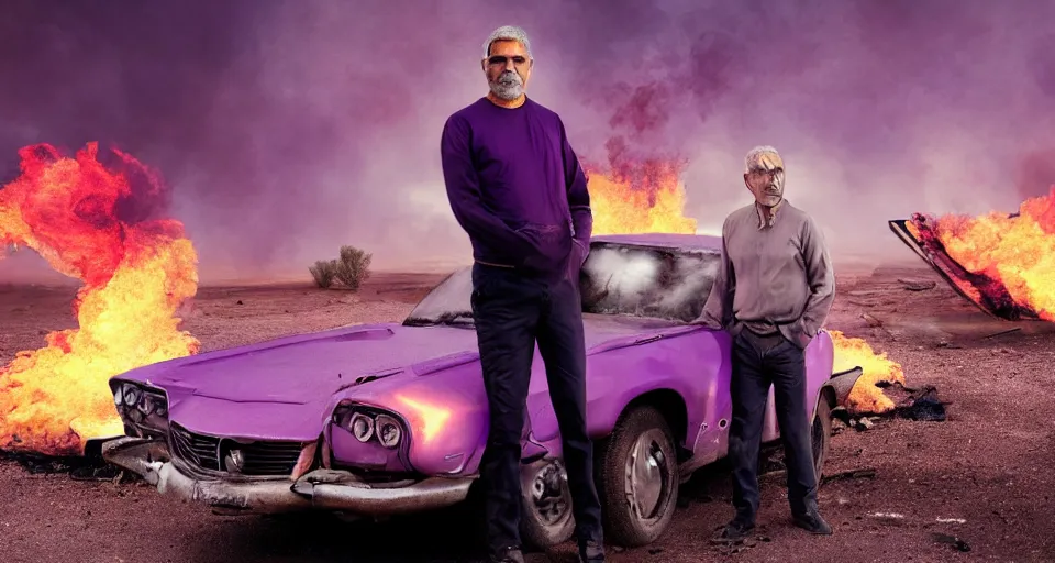 Prompt: 45 year old man with few grey hair standing besides a car in flames in a desert, purple color-theme, cinematic, science-fiction art wallpaper, stunning digital art