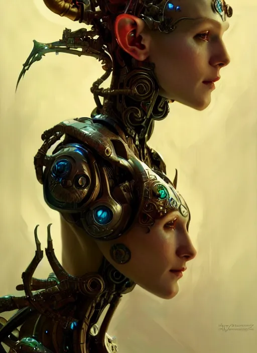 Image similar to cyborg elf, diffuse lighting, fantasy, intricate, elegant, highly detailed, lifelike, photorealistic, digital painting, artstation, illustration, concept art, smooth, sharp focus, art by John Collier and Albert Aublet and Krenz Cushart and Artem Demura and Alphonse Mucha