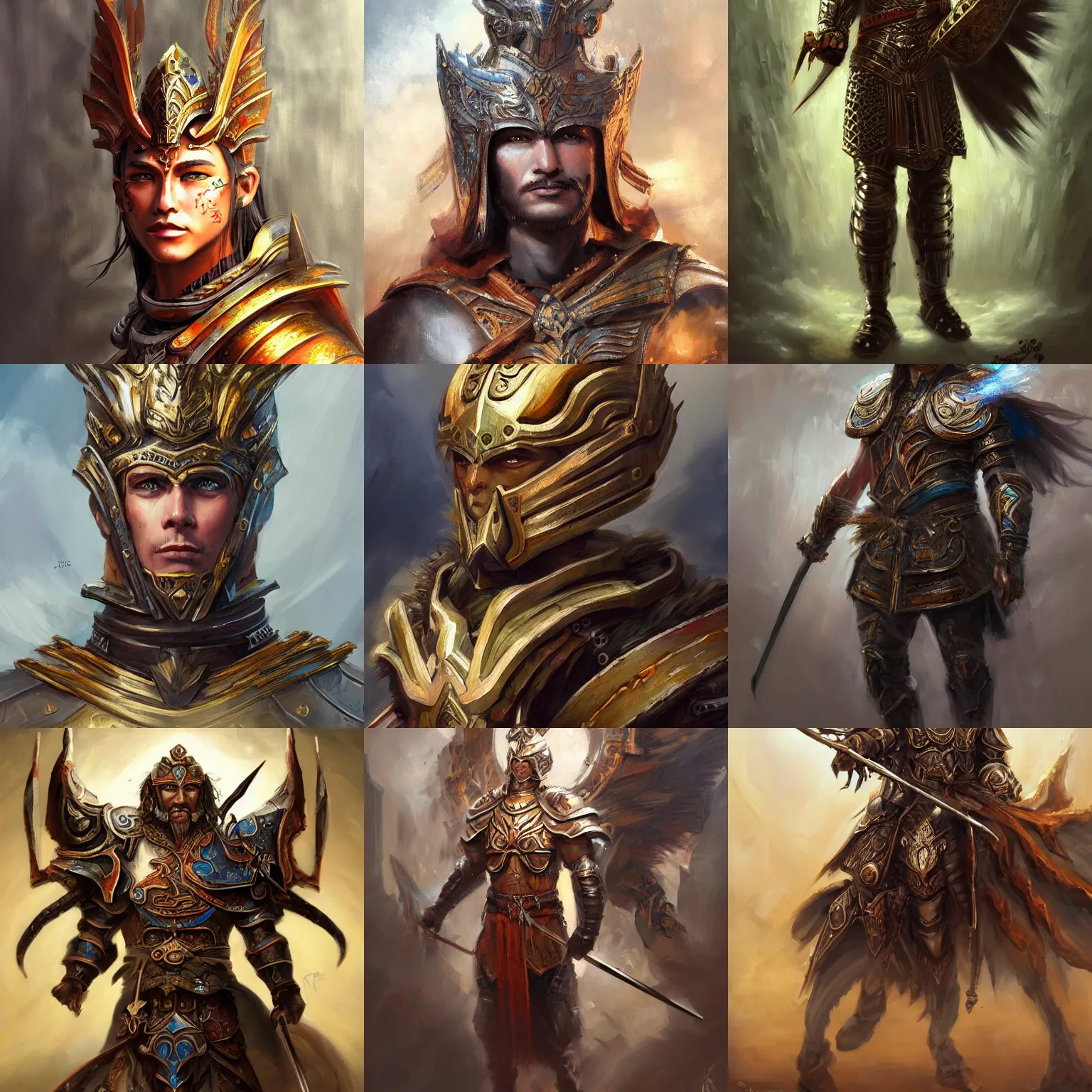 Prompt: concept art oil painting, fantasy portrait fantasy of the ancient warrior in heavy ornate armor, extremely detailed, brush hard, artstation