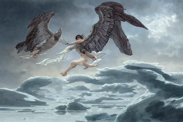 Image similar to harpies descending from the sky towards a baby harp seal on sea ice, with a gray and cool sky, ominous lighting, water color, art by artgerm and greg rutkowski and alphonse mucha and jin xiaodi and anthony devine