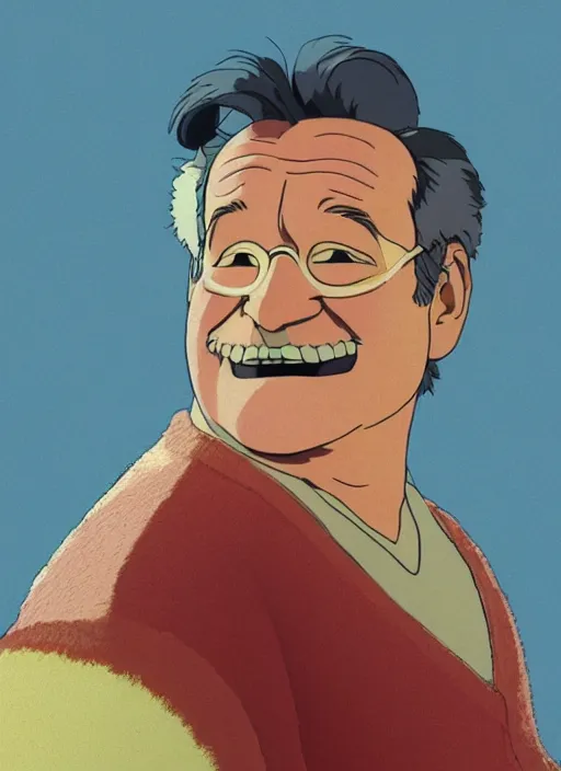 Image similar to illustration of Robin Williams, by Studio Ghibli, 8k, film still, cinematic, sharp focus, concept art, smooth