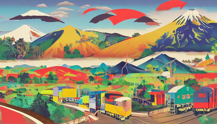 Image similar to award winning graphic design poster, cutouts constructing an contemporary art depicting a lone mount fuji and hills, rural splendor, and bullet train, isolated on white, and bountiful crafts, local foods, edgy and eccentric abstract cubist realism, mixed media painting by Leslie David and Lisa Frank for juxtapose magazine