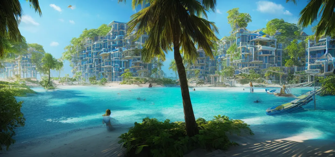 Image similar to view of a utopian solarpunk beach resort, blue clear skies, waves, caustics, dappled light, cinematic lighting, ultra detailed, sharp, ambient occlusion, raytracing, 3 d artstation render by greg rutowski, finnian macmanus and jessica rossier