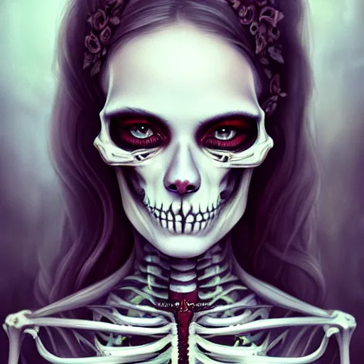Image similar to a portrait of a skeleton, Anna Dittmann, dark, gothic, highly detailed, masterpiece, sharp, digital art, surreal, featured on artstation, HD, 8K