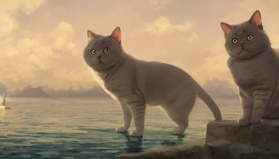 Prompt: A highly detailed matte painting of a British Shorthair cat looking into the distance dressed as an admiral, by Studio Ghibli, Makoto Shinkai, by Artgerm, by WLOP, by Greg Rutkowski, volumetric lighting, octane render, 4K resolution, trending on artstation, masterpiece