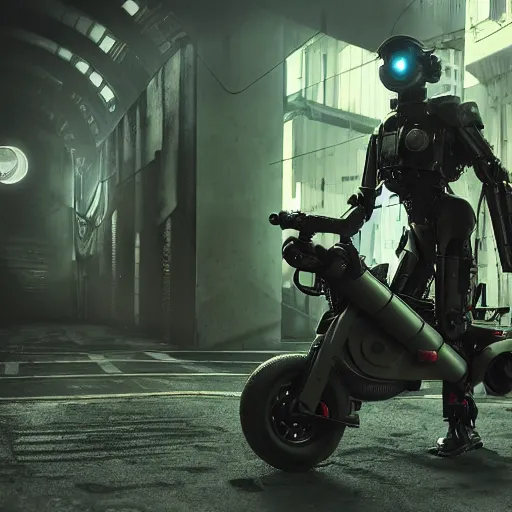 Prompt: panorama military police cyborg on a sci-fi jetbike, wearing bullet-riddled armor, glowing red eyes, wearing brutalist art deco industrial cyberpunk alley, dynamic dramatic dark moody lighting,shadows,cinematic atmosphere,Artstation, hyperrealistic 3D digital art,Octane render,8K 4K UHD image