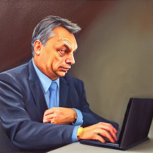 Image similar to viktor orban javascript programming with a laptop in a cubicle, oil painting