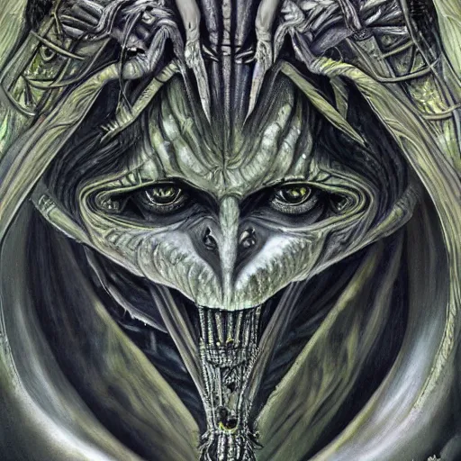 Image similar to Giger portrait of queen dragon, Dragon in dragon lair, HD, soft shading, hyperdetailed, wide angle lens, fantasy, futuristic horror, style of giger