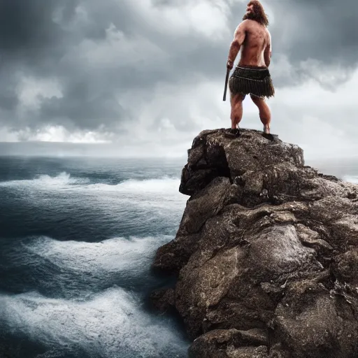 Image similar to cinematic shot of a muscular viking with a large beard standing on a rocky cliff with cloudy stormy weather in the sky, 8 k, very intricate, very detailed,