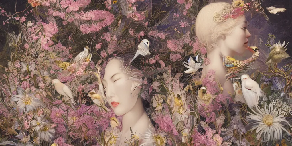 Prompt: breathtaking detailed concept art painting art deco pattern of blonde faces goddesses amalmation flowers and blend of flowers and birds, by hsiao - ron cheng and john james audubon, bizarre compositions, exquisite detail, extremely moody lighting, 8 k