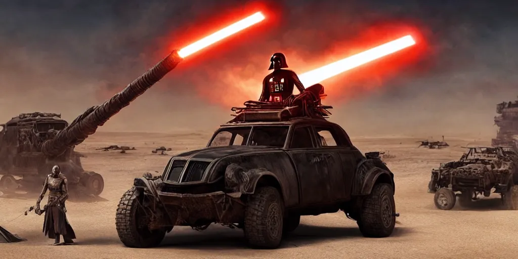 Prompt: Darth Vader standing on a driving post apocalyptic battle car in the desert and weilding a flamethrower, Mad Max Fury Road, sandstorm, fire, realistic, flags, spikes, dust