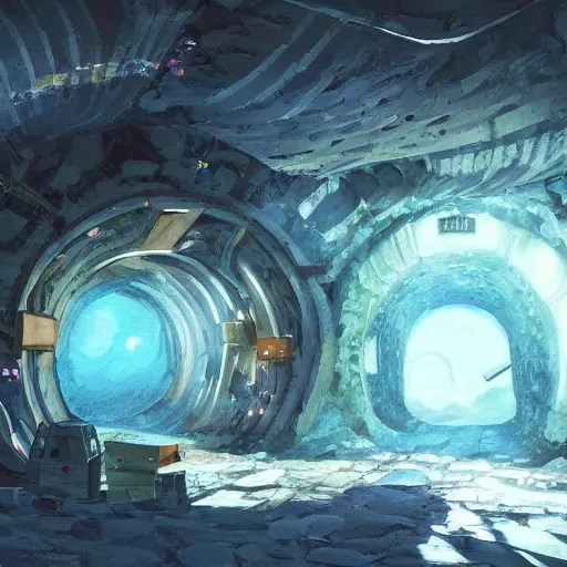 Image similar to concept art painting of a mine tunnel with blue crystals, realistic, detailed, cel shaded, in the style of makoto shinkai and greg rutkowski and james gurney