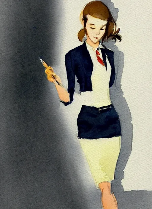 Image similar to concept art of a modern office life, young attractive business woman, pencil miniskirt, pinterest, artstation trending, behance, watercolor, by coby whitmore, silver, laser light,