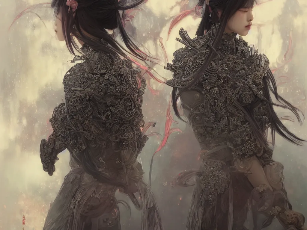 Image similar to portrait jisoo blackpink, grey hair armored samurai clothes, in fire japanese temple wet night, ssci - fi and fantasy, intricate and very very beautiful and elegant, highly detailed, digital painting, artstation, concept art, smooth and sharp focus, illustration, art by tian zi and wlop and alphonse mucha