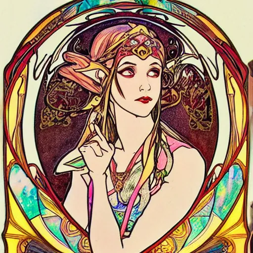 Prompt: princess zelda, art nouveau, alphonse mucha, iridescent lighting, realistic watercolor and ink portrait, museum quality,