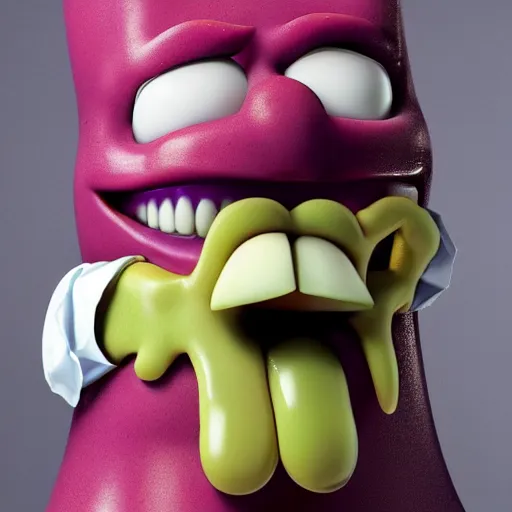 Image similar to grimace from macdonalds with translucent skin and you can see the organs inside