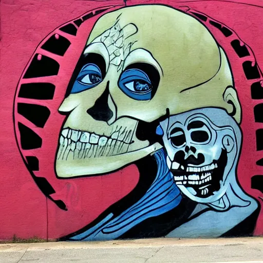 Image similar to The body art features a human figure driving a chariot. The figure is skeletal and frail, with a large head and eyes. The chariot is pulled by two animals, which are also skeletal and frail. street art by Austin Briggs, by Chris Uminga mood