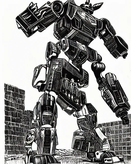 Prompt: an illustration of the autobot bumblebee, full body, standing in rectangular border, pen-and-ink illustration, etching, by Russ Nicholson, DAvid A Trampier, larry elmore, 1981, HQ scan, intricate details