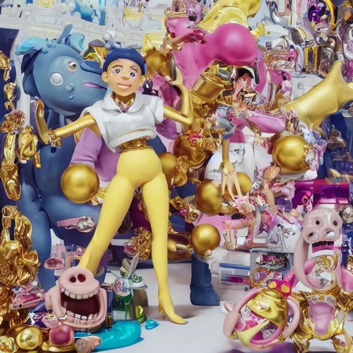 Prompt: jeff koons hip hop bauhaus style street sharks sailor moon wearing diamond grillz and a ton of bussdown iced gold bling in wallace & gromit strata - cut claymation, ultra realistic, concept art, intricate details, serious, highly detailed, photorealistic, octane render, 8 k, unreal engine, art by greg rutkowski and alphonse mucha