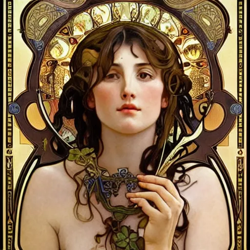 Prompt: realistic detailed face portrait of Athena by Alphonse Mucha, Greg Hildebrandt, and Mark Brooks, gilded details, spirals, Neo-Gothic, gothic, Art Nouveau, ornate medieval religious icon