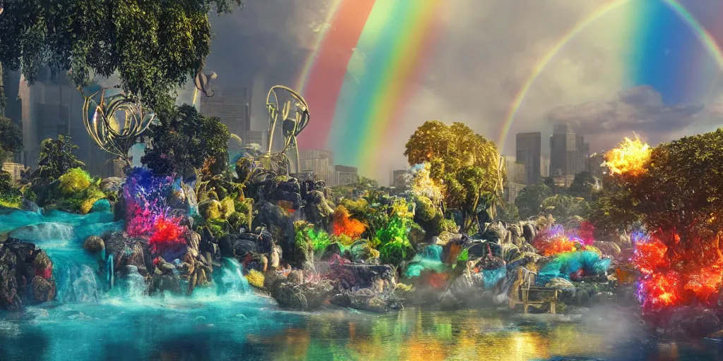 Image similar to a octane render of a landscape with a epic city and aquamarine coloured gras beautiful trees made from gold and rainbow liquid waterfalls and marvel hell riders with rainbow flames as citizen hollywood style, by waya steurbaut entertainment, dark, intricate, highly detailed, smooth, artstation, high resolution film render 100k, photo realistic style, epic, colourful, close up shot, 3D