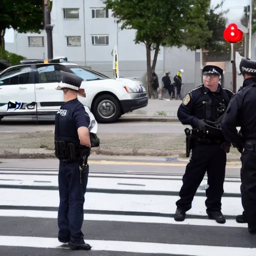 Prompt: a small angry man stands on a chair yelling at a policeman for protecting a crosswalk, high resolution photo