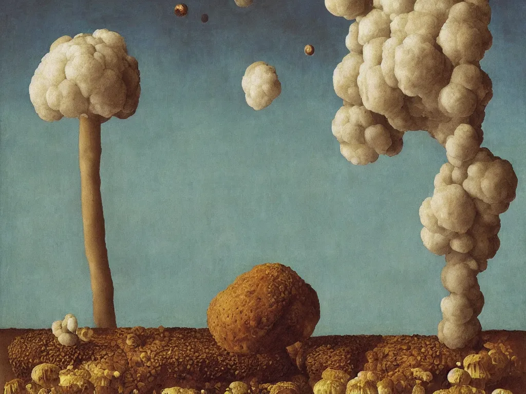 Image similar to fluffy, giant diaphanous fungi mold raising out of an old bread. painting by zurbaran, max ernst, agnes pelton, rene magritte, walton ford