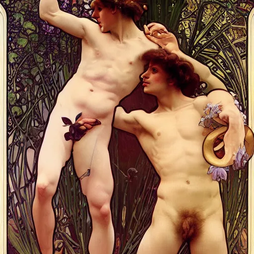 Prompt: ultra realistic illustration of apollo and hyacinthus, embrace, full body, male body, elegant study, poster art alphonse mucha and ivanov aleksandr andreyevich