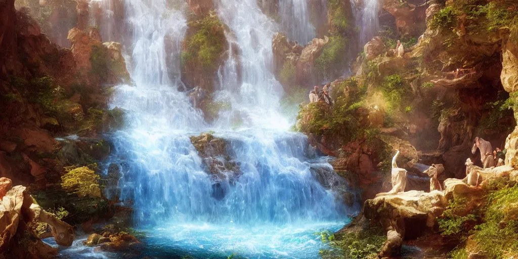 Prompt: creation of the world and heaven with a river of the water of life, clear as crystal, flowing from the throne of god and of the lamb by daniel f. gerhartz and matt stewart and thomas cole and albert bierstadt, fantasy, photorealistic, octane render, unreal engine, dynamic lighting