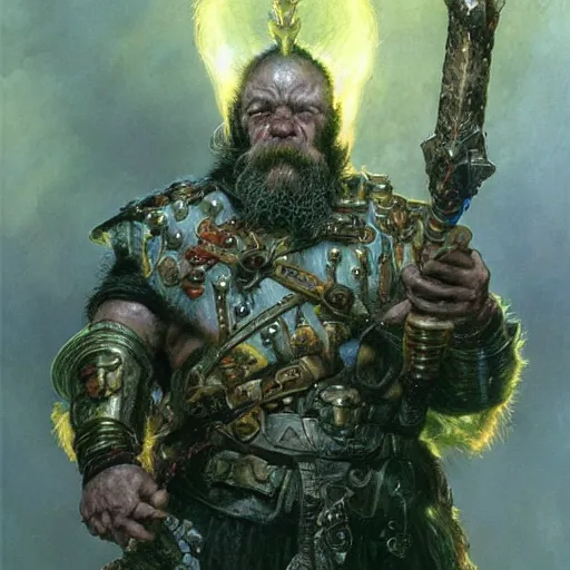 Image similar to art by donato giancola and bayard wu and gustav moreau and wayne barlowe, a fantasy cinematic close up shot of a dwarf berserker, warhammer, dnd, last stand